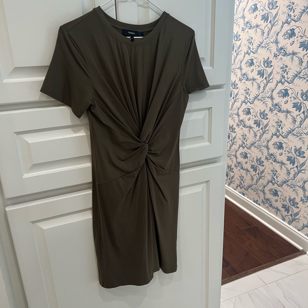 THEORY OLIVE GREEN TWIST FRONT DRESS